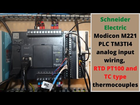 Schneider Electric Modicon M221 PLC TM3TI4 analog input wiring, RTD PT100 and TC type thermocouples.