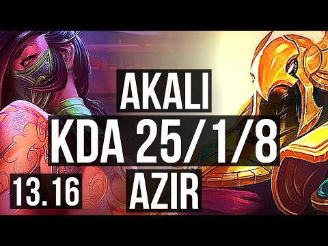 AKALI vs AZIR (MID) | 25/1/8, Rank 5 Akali, 9 solo kills, Legendary, Rank 24 | KR Challenger | 13.16