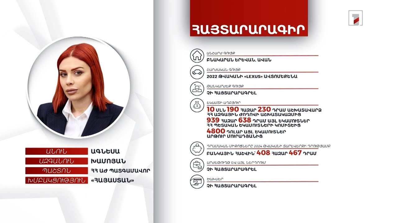 Բնակարան, ավտոմեքենա, 408 հազար դրամ. ՀՀ ԱԺ պատգամավոր Ագնեսա Խամոյանի հայտարարագիրը