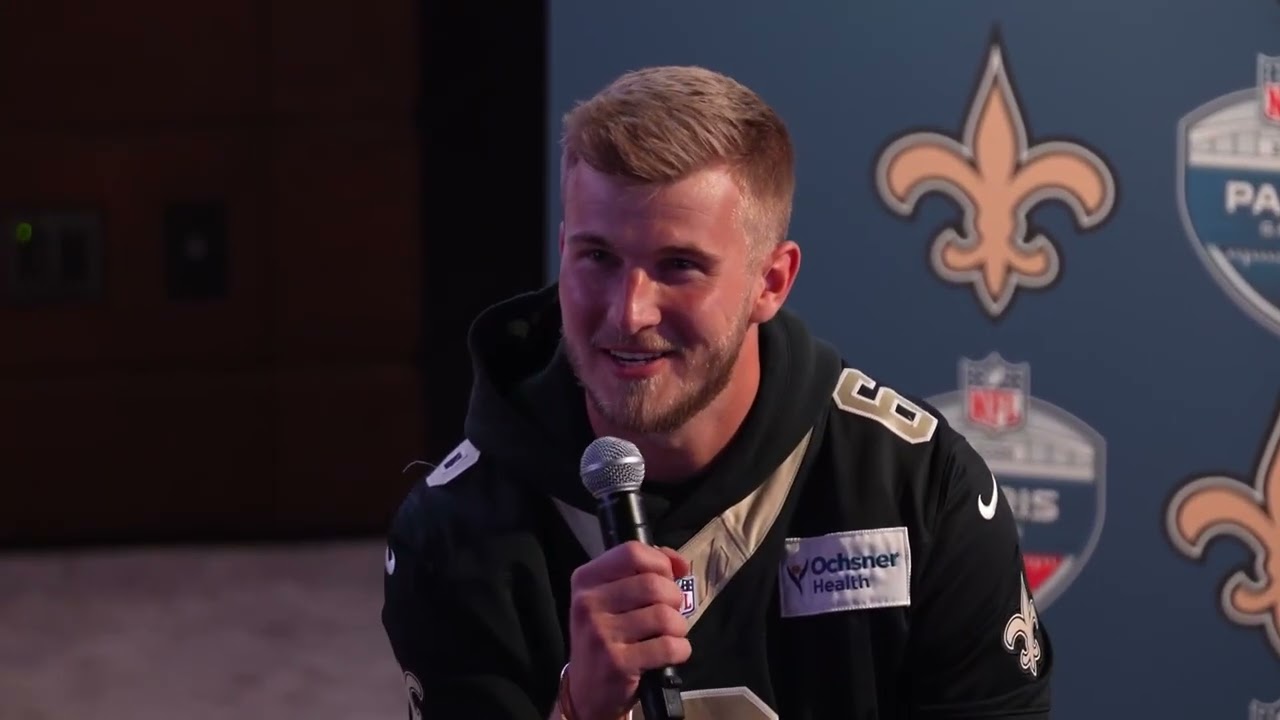 Saints owner Gayle Benson, QB Tyler Shough and RT Taliese Fuaga speak in Paris in preparation for 2026 Stade de France game