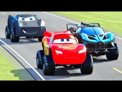 Bugatti Bolide Monster Truck vs Lightning McQueen Monster Truck vs Jackson Storm Monster Truck