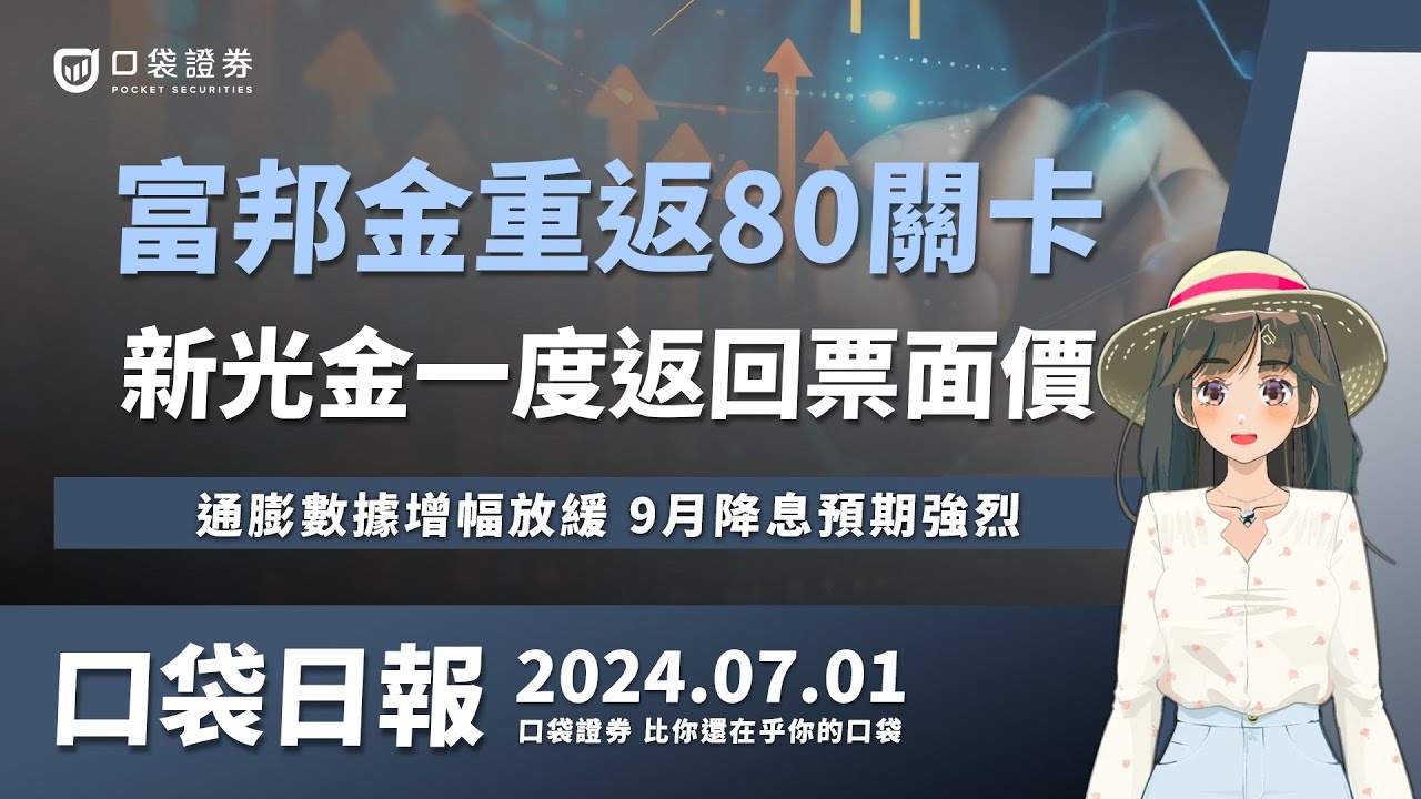 【口袋日報】富邦金重返80關卡,新光金一度返回票面價,金融股今日強勢,通膨數據增幅放緩,9月降息預期強烈!2024.07.01