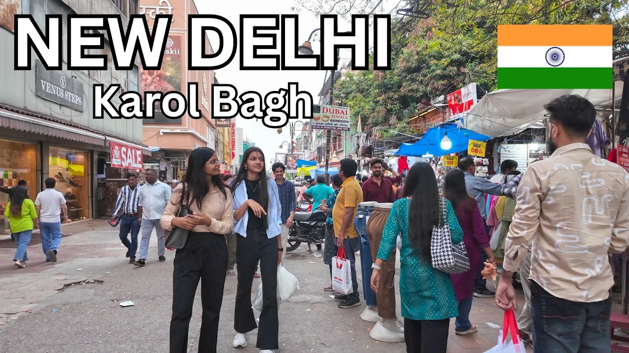Immersive street-level walking tour through Karol Bagh Market, India, showcasing authentic urban landscapes, local architecture, and the vibrant atmosphere of the city's neighborhoods