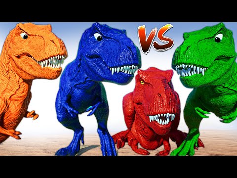 RED & PINK T-REX TEAM Vs Indoraptor & Spinosaurus I-REX Jurassic World Evolution 2 Dinosaurs Fights