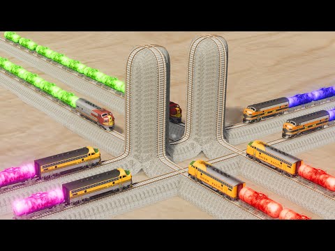 Trains Vs Impossible Dual Tower Speed Bump Crossover Rail Tracks - BeamNG.Drive