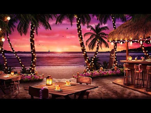 Hawaiian Sunset Cafe Ambience with Relaxing Hawaiian Guitar Music & Crashing Waves Sounds