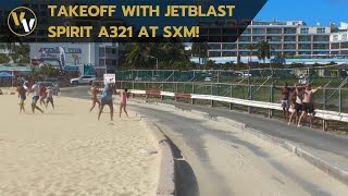 Dangerous jetblast at St Maarten with tourists at the fence! - Spirit A321 takeoff