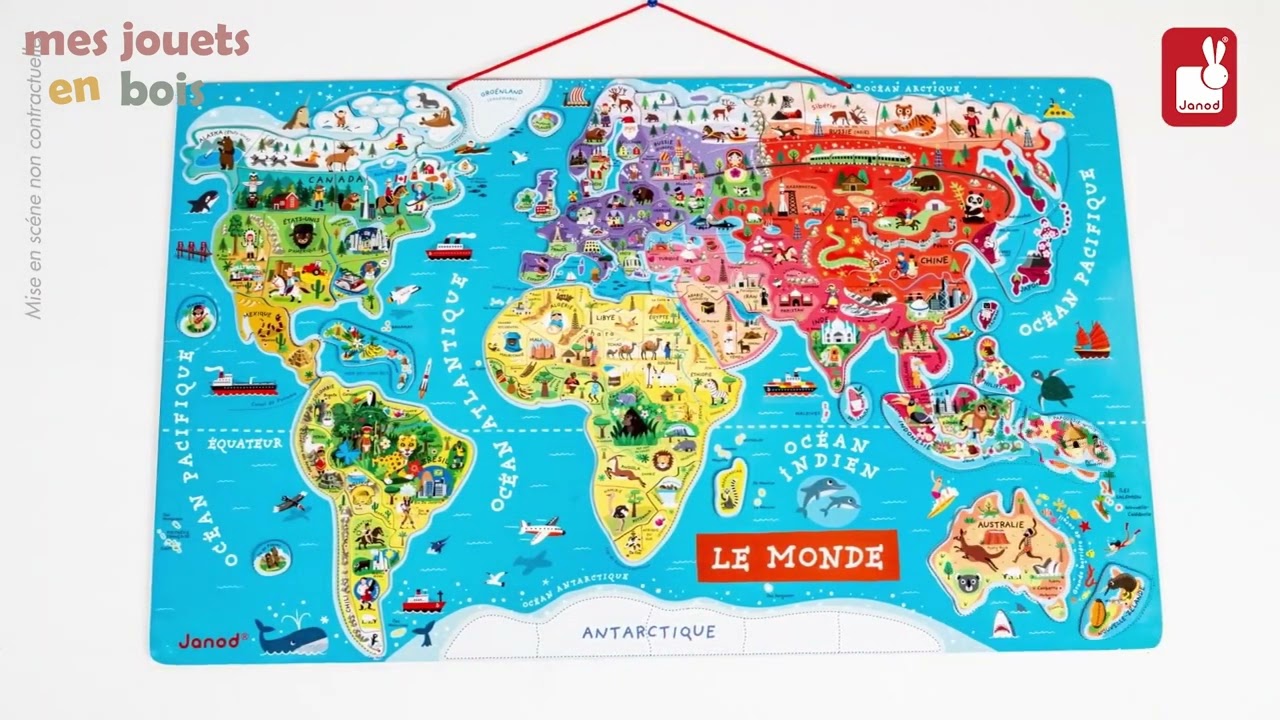 Puzzle magnétique 92 pièces en bois pour enfant - Carte du monde