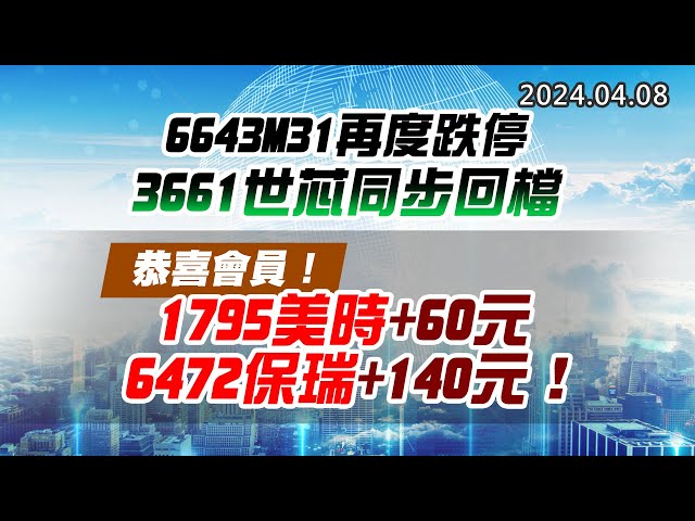 20240408《股市最錢線》#高閔漳 “6643M31再度跌停，3661世芯同步回檔”” 恭喜會員！1795美時+60元；6472保瑞+140元！！”