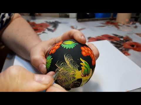 Hand painted woodenChristmas ball and box with Petrykivka painting, 7 cm