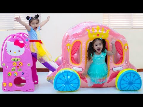 Suri & Annie Fun Playing w/ Inflatable Princess Carriage & Hello Kitty Slide