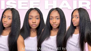 *VERY NATURAL* 😍 Minimal Leave Out Kinky Straight V Part Wig Install | Ft. ISee Hair