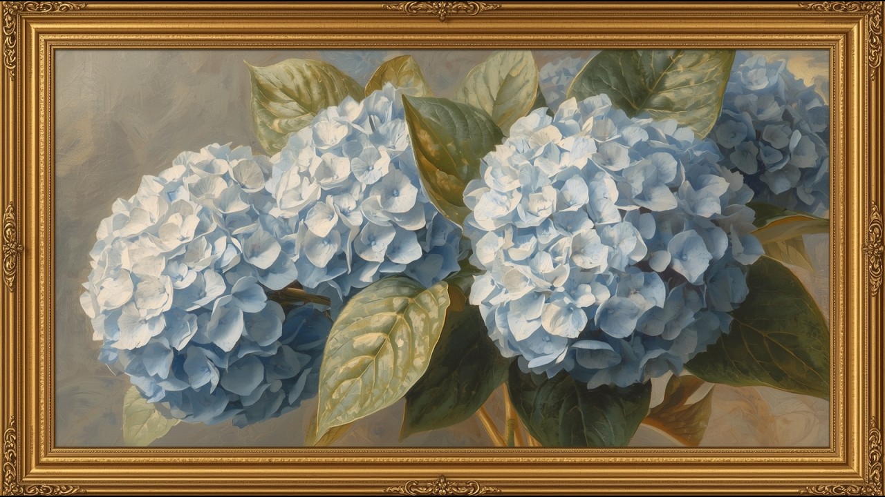 Vintage Blue Hydrangeas Oil Painting | Elegant Gold Frame | Timeless Floral Art| TV Screensaver 4K