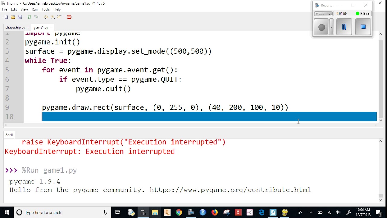 pygame video 4 Drawing Rectangles