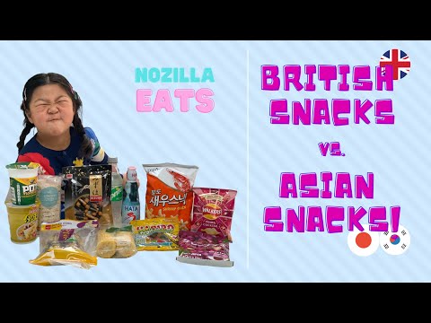 Nozilla Time ノジラが学ぶ | Nozilla Eats - British snacks vs. Asian snacks in Japanese