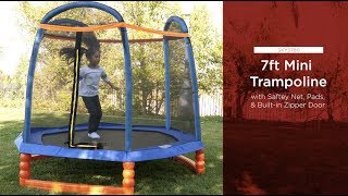SKY3780 7ft Kids Outdoor Round Mini Trampoline w/ Enclosure Safety Net Pad, Built-In Zipper