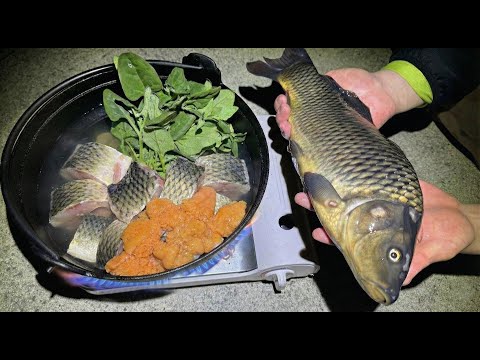 冬の水路でコイ捕まえて鍋にする