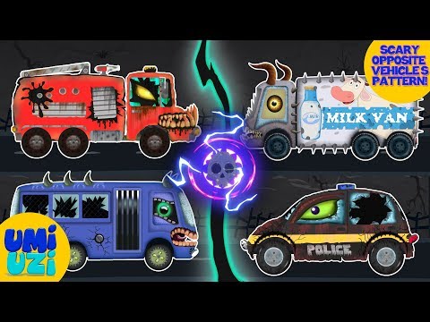 Umi Uzi | patterns for children with scary vehicles | learn opposites | Halloween special videos