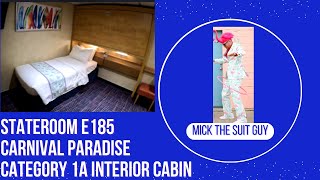 Cabin E185  Carnival Paradise a Category 1A Stateroom, 1 Twin bed, 1 Upper Bunk