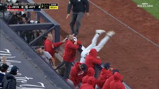RYAN McMAHON MAKES THE BIG CATCH AND FLIPS INTO THE RED SOX DUGOUT! 😳
