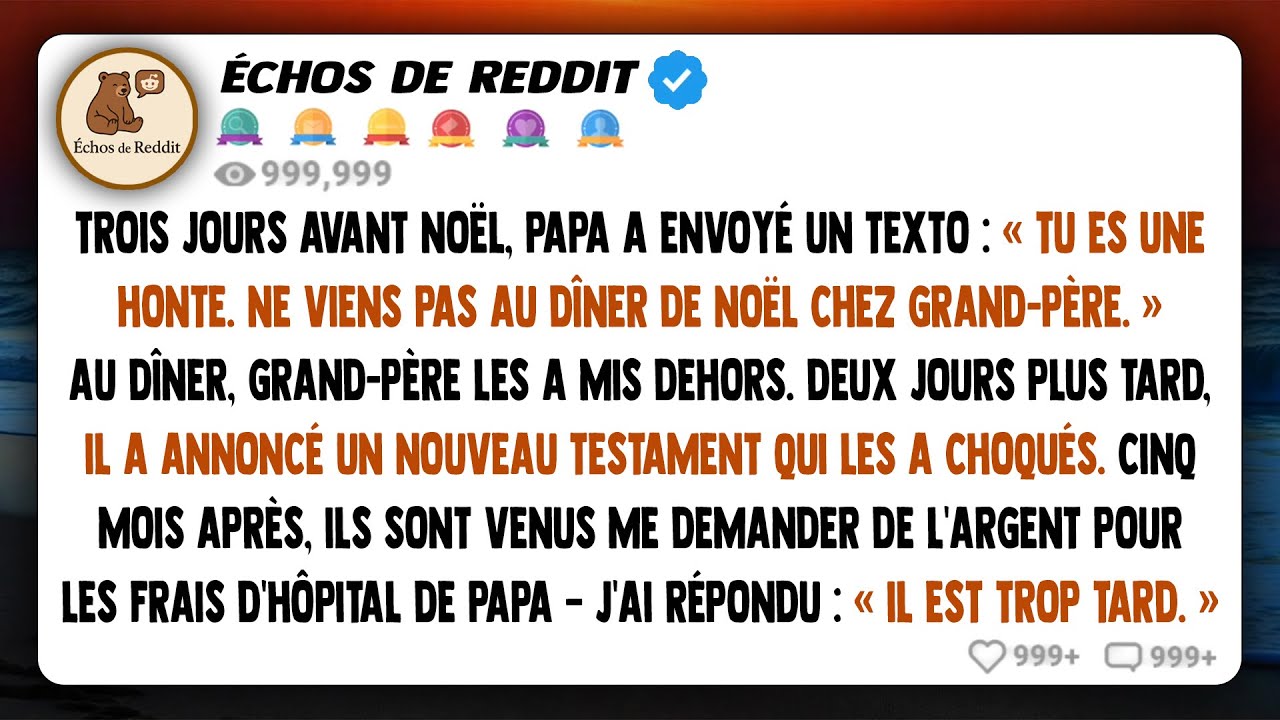 "Ne viens pas au dîner de Noël de grand-père." Mon père m'a envoyé un texto. À ce dîner, ils ont été