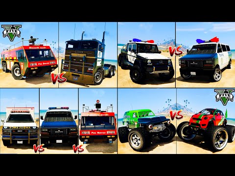 Fire Truck vs Hauler vs Police Van vs Mercedes G63 vs Monster Truck vs Ambulance Truck - GTA 5 Cars