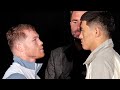 CANELO ALVAREZ INTENSE STARE DOWN WITH DMITRY BIVOL IN FIRST FACE OFF AT GRAND ARRIVAL IN LAS VEGAS
