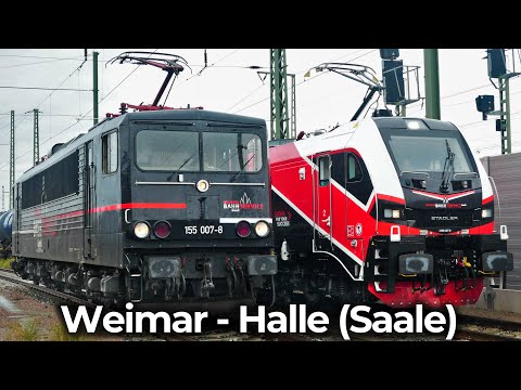 Güterzug auf der Thüringer Bahn | 4K Führerstandsmitfahrt: Weimar - Halle (Saale) | BR 155