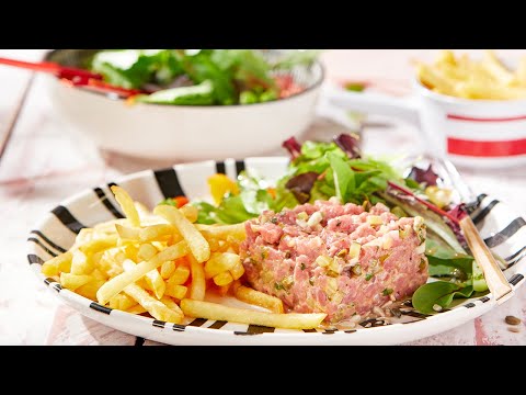 Recette - Américain préparé minutre, frites et salade - Colruyt