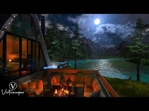 Lakeside Cabin | Night Ambience | Firepit, Water & Forest Nature Sounds