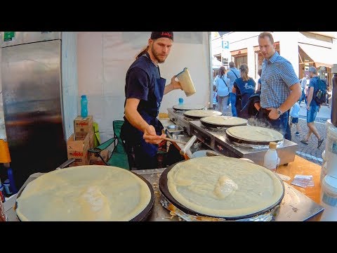 Slovakia Street Food. Sweet 'Palacinke' Pancakes with Cheese, Chocolate and Jam