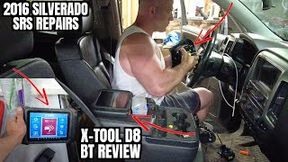 2016 Chevy Silverado SRS seatbelts, airbags, and crash module removal + Xtool D8 BT Code scanner.
