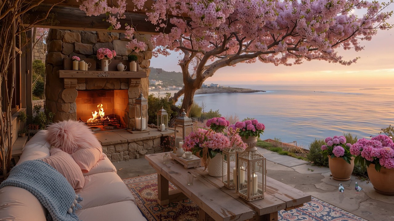 Peaceful Spring Seaside Morning 🌊 Soft Piano, Ocean Waves & Fireplace for Stress Relief