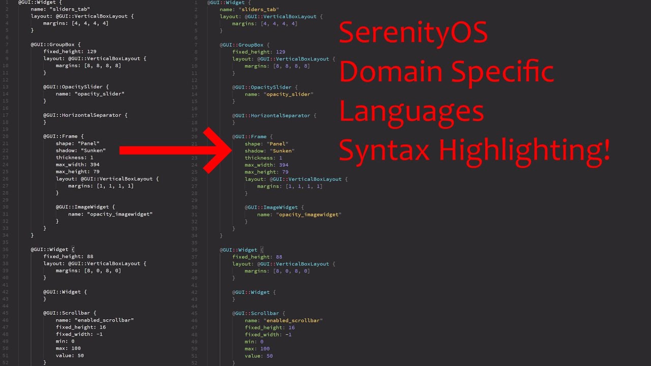 Syntax highlighting extension for SerenityOS' DSLs – Showcase