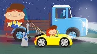 A Doutora McWheelie. Carro e faróis. Desenho animado.