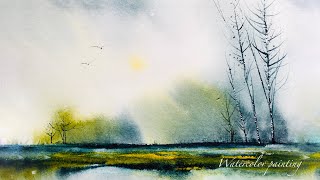 sunlight in a landscape . for beginners . watercolor technique painting