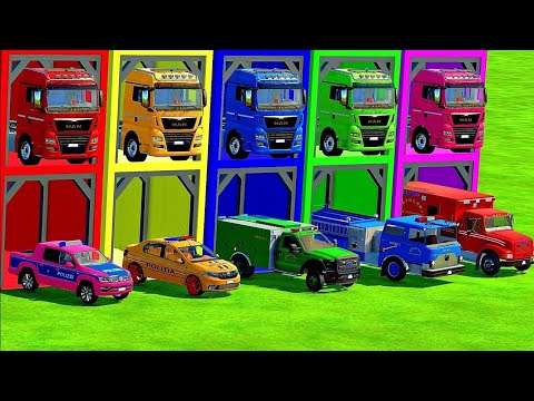 TRANSPORTING DACIA, VOLKSWAGEN, AUDI POLICE CARS and MERCEDES, FORD AMBULANCE EMERGENCY ! FS22