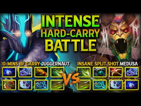 INTENSE HARD-CARRY BATTLE | 10-Mins BF Cleave Farm Juggernaut Vs. Insane Split Shot DMG Medusa DotA2