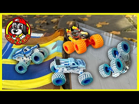 Monster Jam FIRE & ICE - 64 Monster Trucks SUPER 16 LANE RACE With All Our Hot Wheels Track