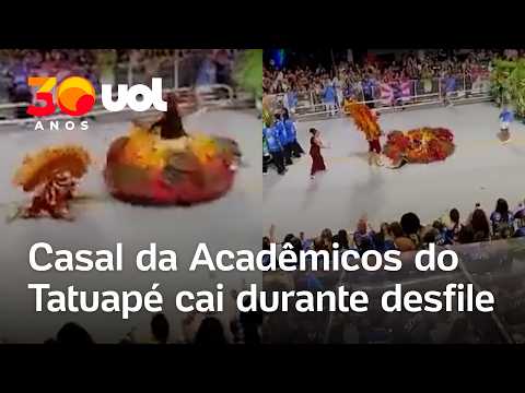 Casal da Acadêmicos do Tatuapé cai durante desfile após escorregar em óleo de carro alegórico; vídeo