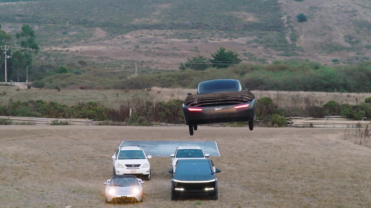 Alef flying car flying over Tesla Roadster and Tesla Cybertruck (not AI, real video) - YouTube