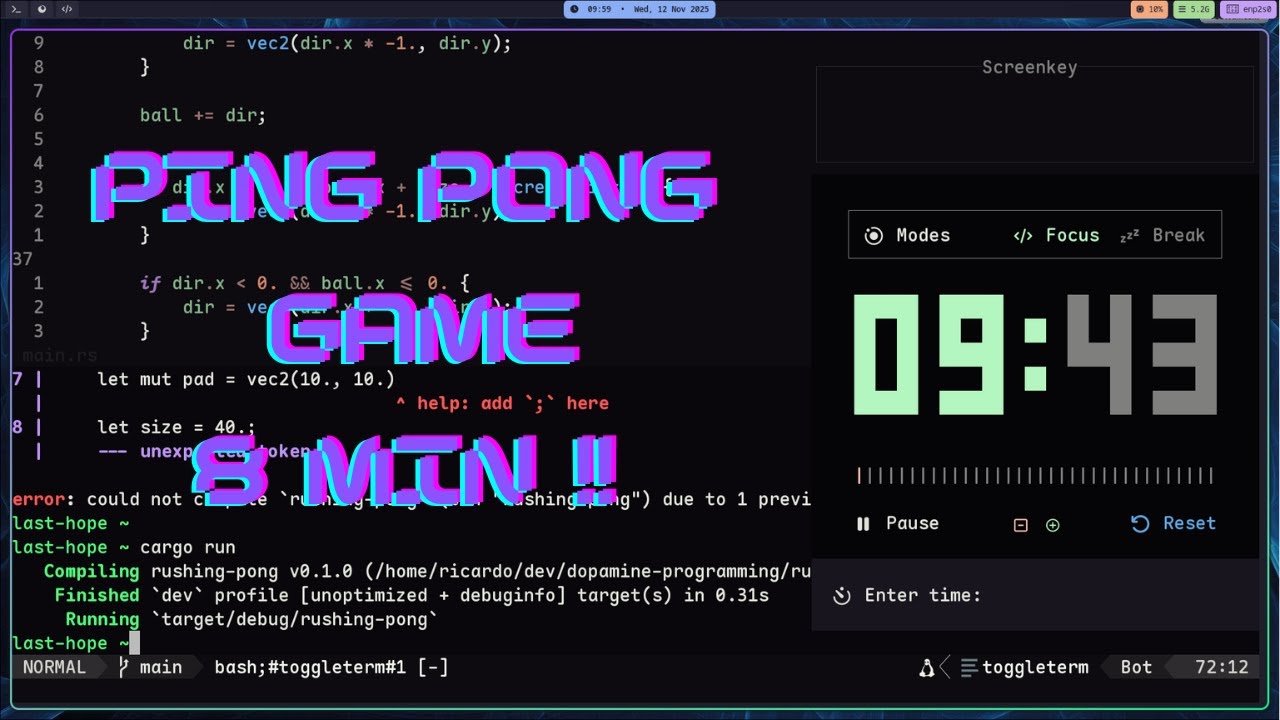 Dopamine Programming 09 — 10-Minute Ping Pong Game Dev Challenge | #gamedev #rust #neovim