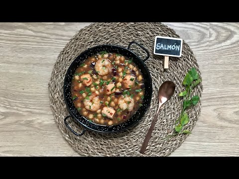 GARBANZOS con SALMÓN y LANGOSTINOS 🦐 ¡COCIDO a la  marinera RICO y SANO!