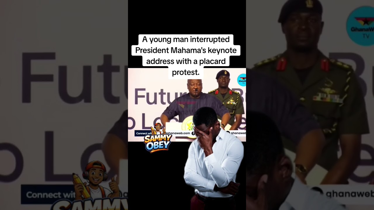 A young man interrupted President Mahama's keynote address with a placard protest. #npp