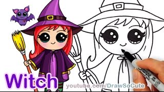 How to Draw a Cute Girl Witch step by step - Halloween Costume Fun