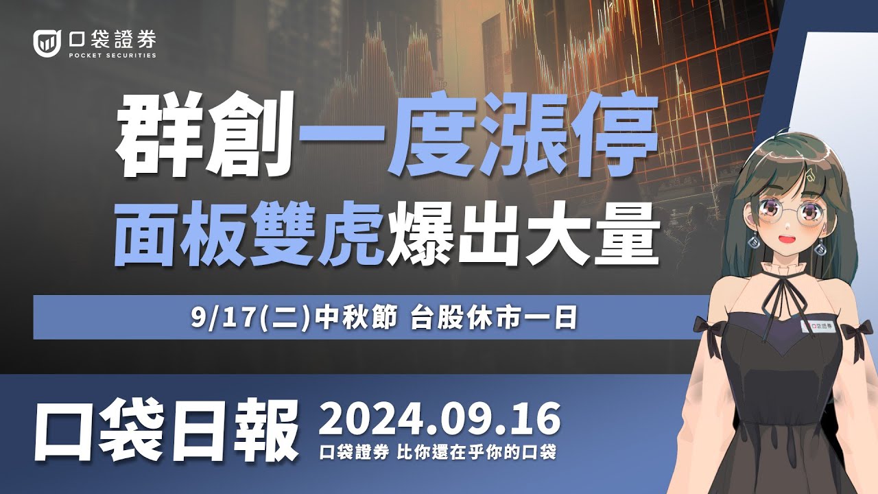 【口袋日報】群創一度漲停,面板雙虎爆出大量!9/17(二)中秋節,台股休市一日!2024.09.16