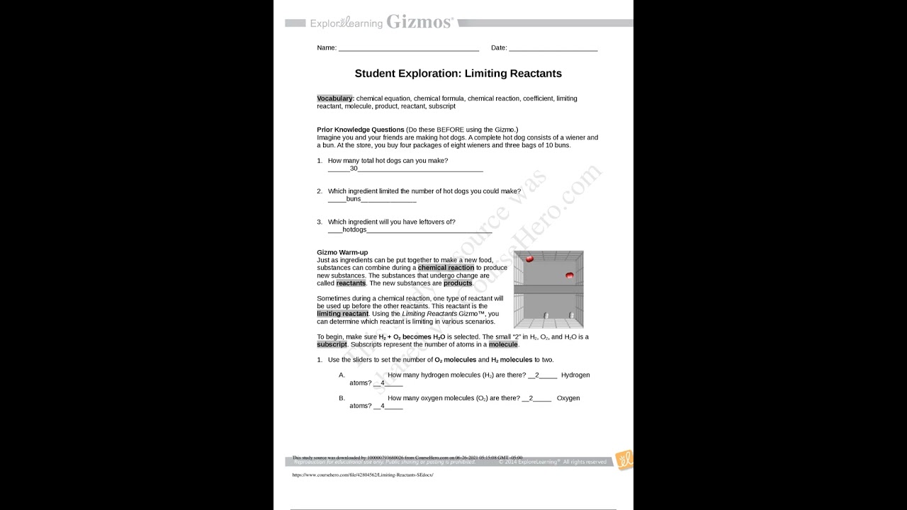 GIZMO Limiting Reactants SE ALL ANSWERS CORRECT