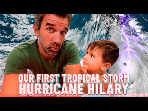 Thumbnail of a man and a young boy looking surprised against a stormy background with lightning; overlay text reads 'Our First Tropical Storm Hurricane Hilary'