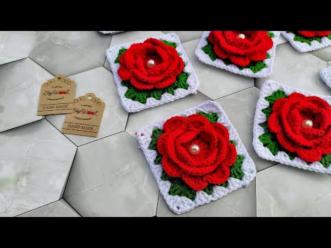 Crochet square motif master class | Вяжем крючком красивый квадратный мотив с объёмным цветком розы