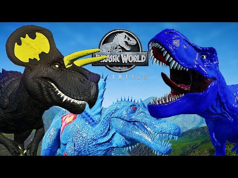 JURASSIC WORLD EVOLUTION - CAPTAIN AMERICA T-REX VS BATMAN ULTIMASAURUS VS SPINO SUPERMAN || FIGHT
